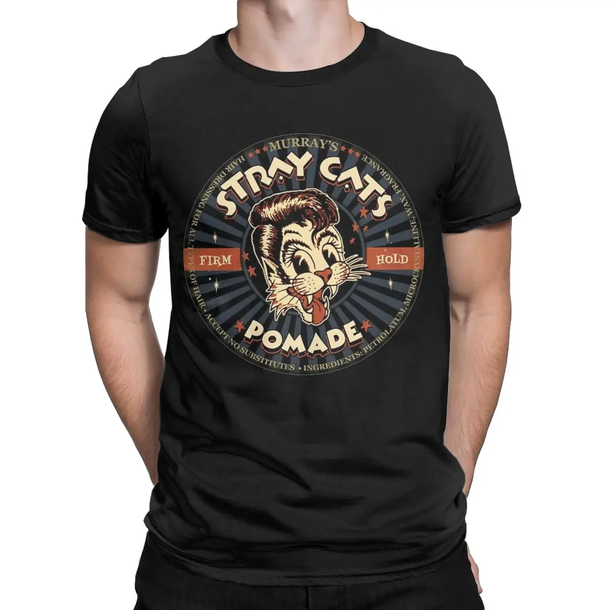 Men Stray Cats Band T Shirt Pure Cotton Tops Vintage Short Sleeve Round Neck Tees Plus Size T-Shirt