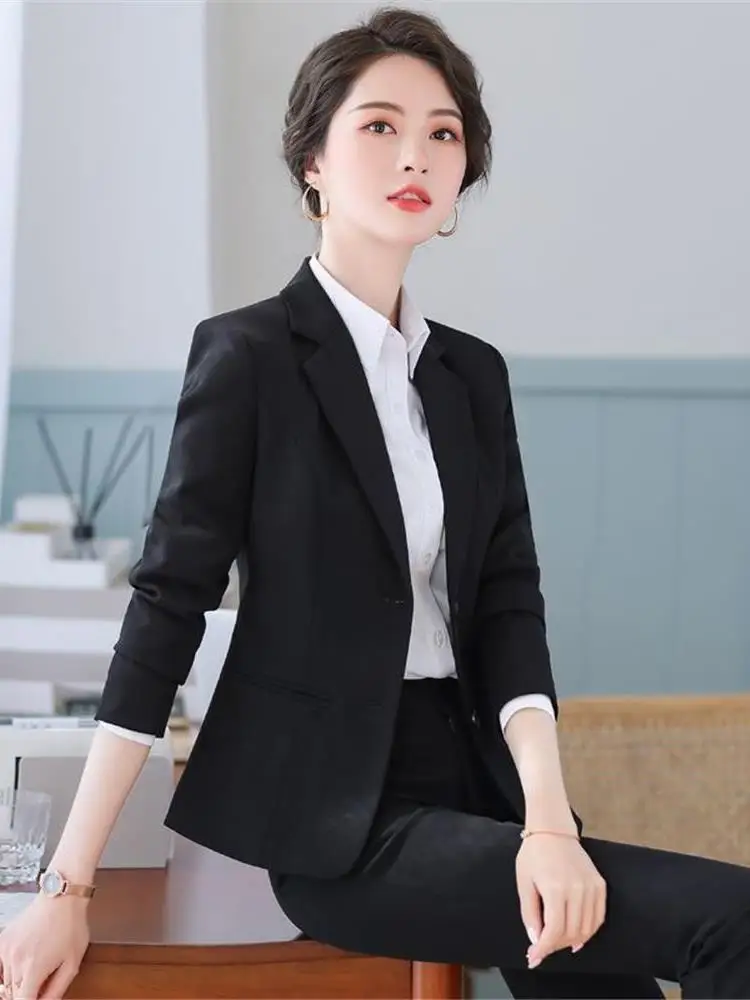 Setelan Wanita Ele, Pakaian Kerja Profesional, Musim Semi Gugur, Model Cleanfit, Lengan Panjang, Kancing Tunggal, Pakaian Kantor