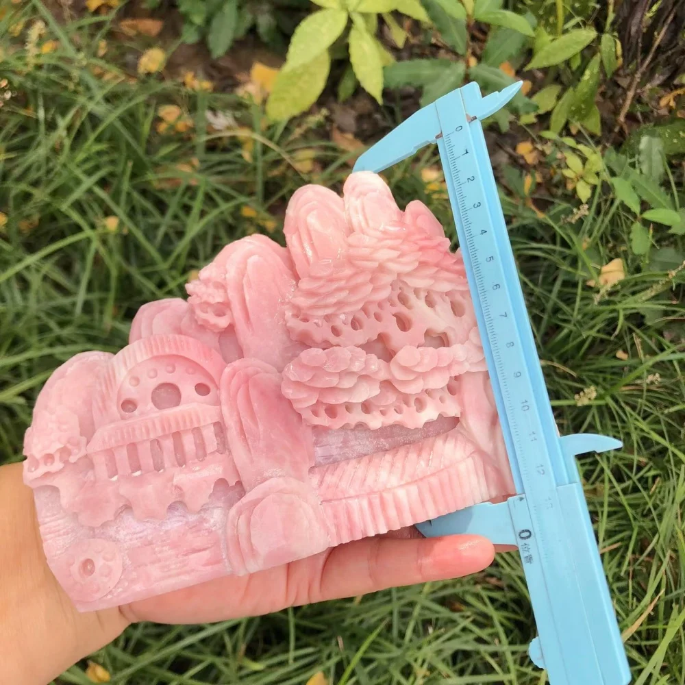 Natural Pink Opal Mountain Landscape Statue Double Sided Crystal Sculpture Reiki Healing Stone Home Desktop Decor