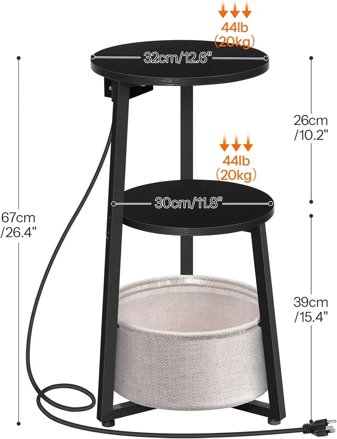 Small Round Side Table with Charging Station, Round End Table with Cotton Linen Storage Basket