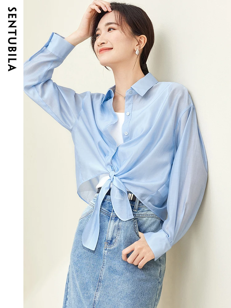 SENTUBILA Sheer Knot Shirts Women 2024 Elegant Casuals Long Drop Sleeve Button Up Shirts & Blouses Female Clothes 132C48674