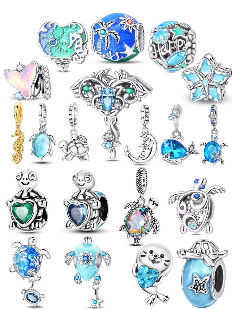 925 Sterling Silver Ocean Series Blue Turtle Starfish Shell Fit Original Bracelet Charms for Women diy Fine Jewelry Gifts