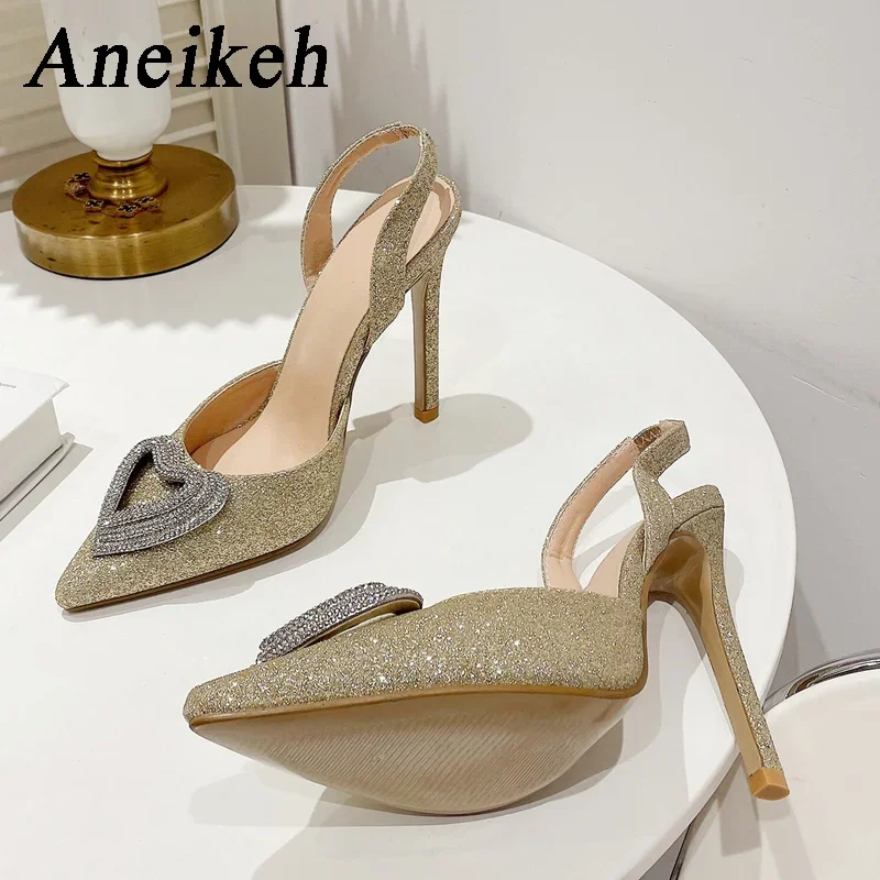 Aneikeh Glitter Heart-shaped Rhinestone Sandals Pumps 2025 Summer Sexy Stiletto Pointed High Heels Lady Shoes Party Prom Shoes image 5
