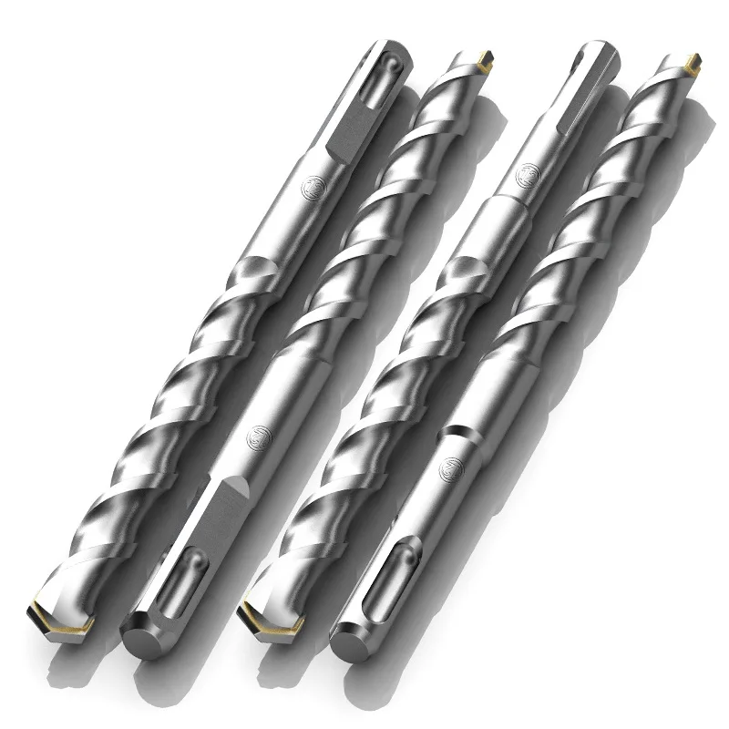 Extended impact drill bits for four-hole square and round shank wall-boring concrete and cement drilling.