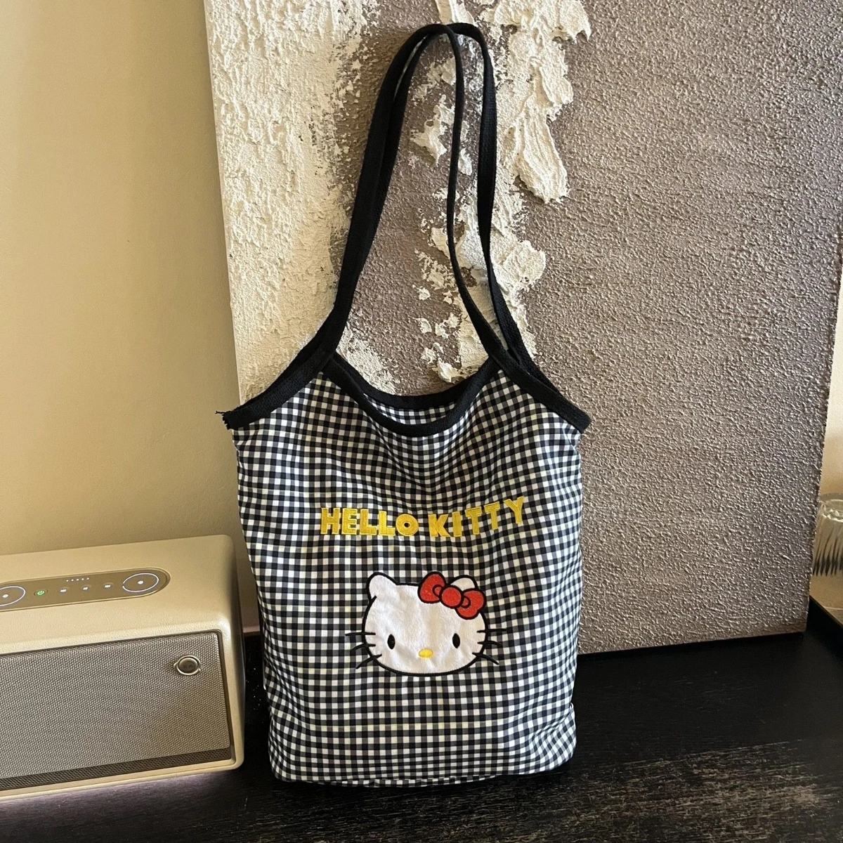 

Женская сумка через плечо Kawaii Plaid Hello Kitty, вышитая сумка через плечо, холщовая сумка, универсальная сумка через плечо для поездок на работу