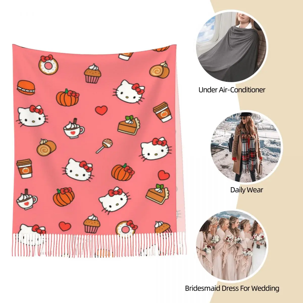 Bufanda de mujer con borla lindo dibujos animados Hello Kitty largo invierno cálido chal abrigo uso diario bufanda de cachemira