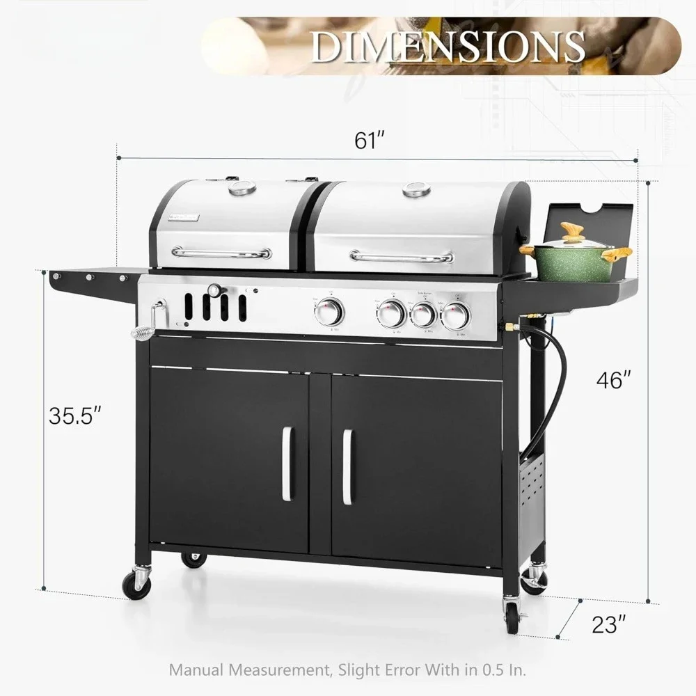 Outdoor Barbecue Grill with Side Burner & Porcelain-Enameled Cast Iron Grate, Dual Fuel BBQ Grill