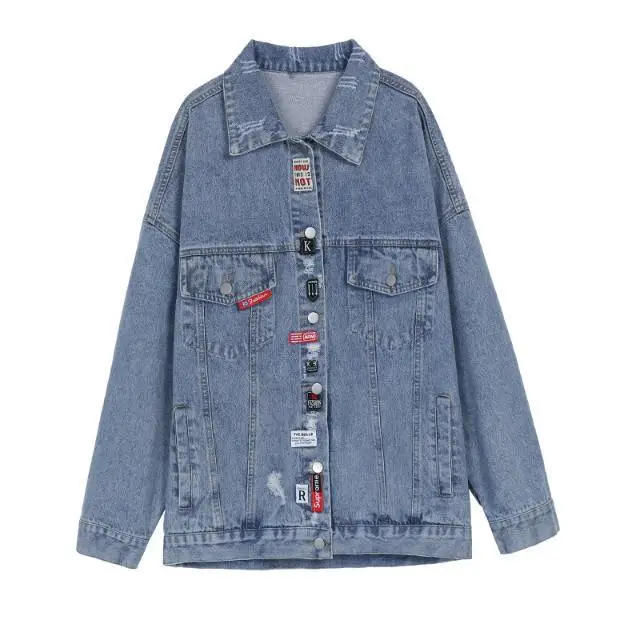 Street Style Spring Autumn Women's Hole Short Denim Coat Jackets Female Single-breasted Labeling embroidery Loose Outerwear