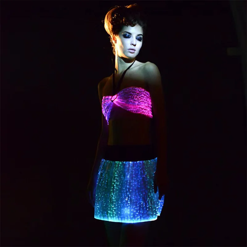 

Luminous Fiber Optic Halter Two-Piece Outfit LED Light Up Long Skirt Set for Rave Party Show