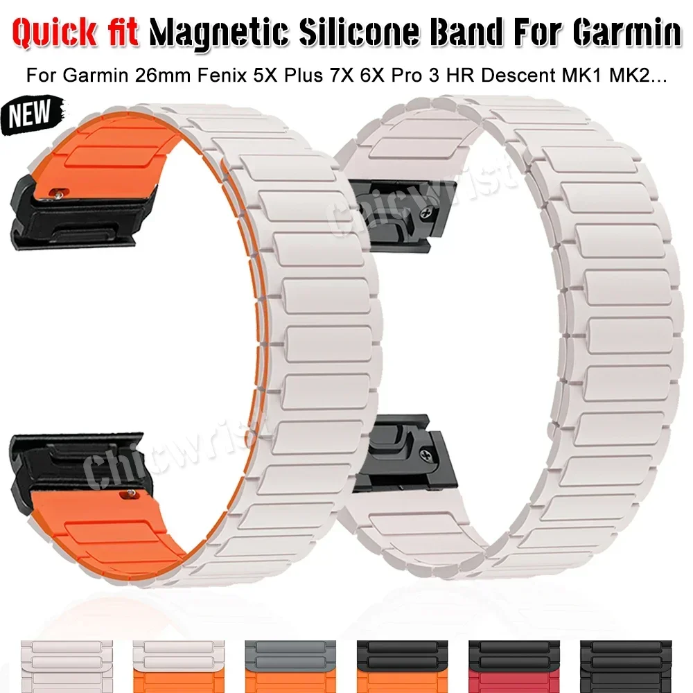 26mm For Garmin Quick fit Magnetic Silicone Band Fenix 5X Plus 7X 6X Pro No Gaps Loop Sport  For Garmin Watch 3 HR Descent Strap