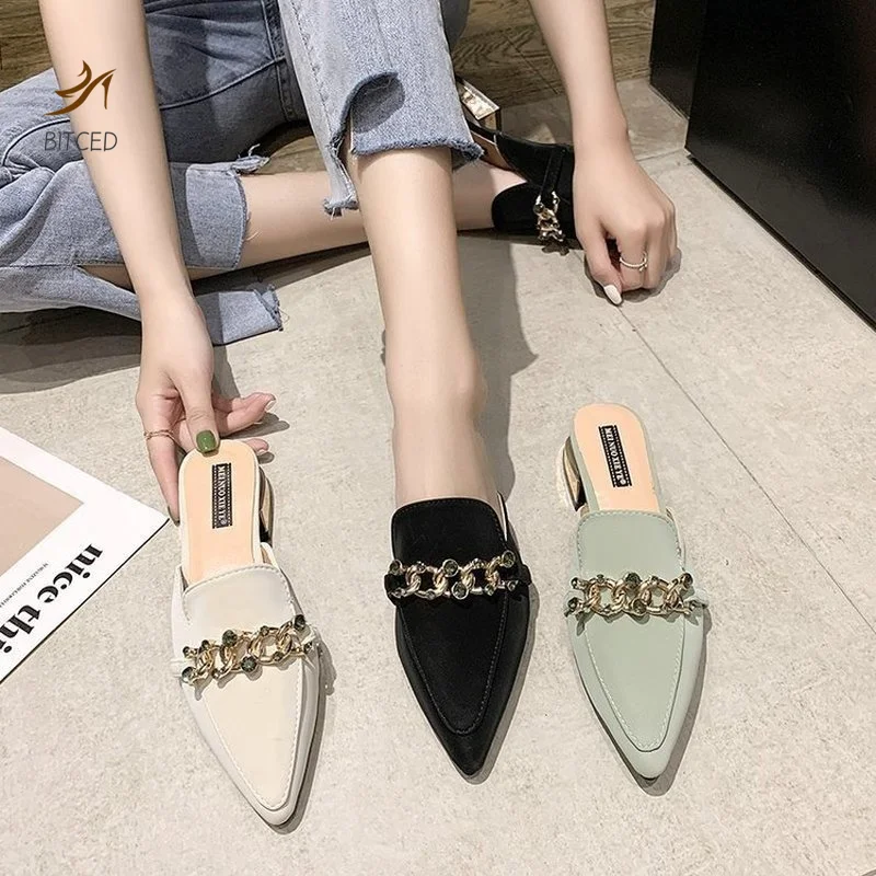 Slippers Women 2021 New Chain Mules Women Slides Square Toe Ladies Striped Shoes Summer Fashion Footwear Square Heel Women Shoes