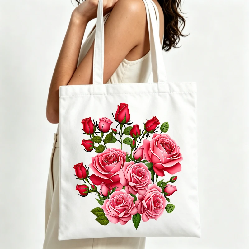 Canvas Tote Bag With Rose Flower Print Perfect For Casual Daily Use And Summer Outings