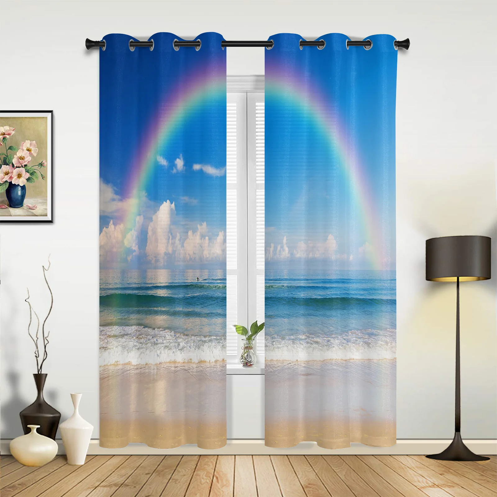 Rainbow Seaside Beach Sky Window Curtains In The Living Room Kitchen Window Curtain Hotel Open Drapes Printed Window for Bedroom