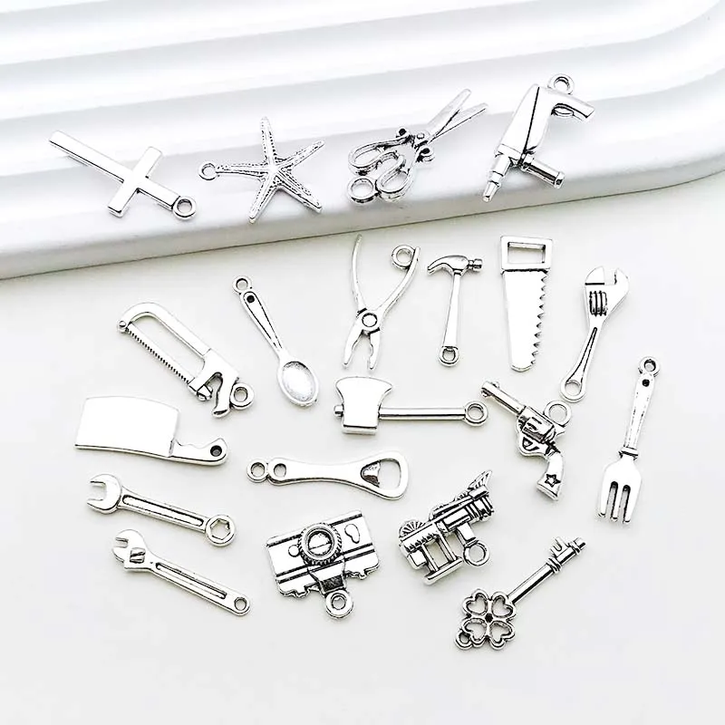 20pcs/lot Zinc Alloy Antique Silvery Imitate Daily Tools Pendants Saw, Scissors,Axe Etc Charms For DIY Jewelry Making Accessory