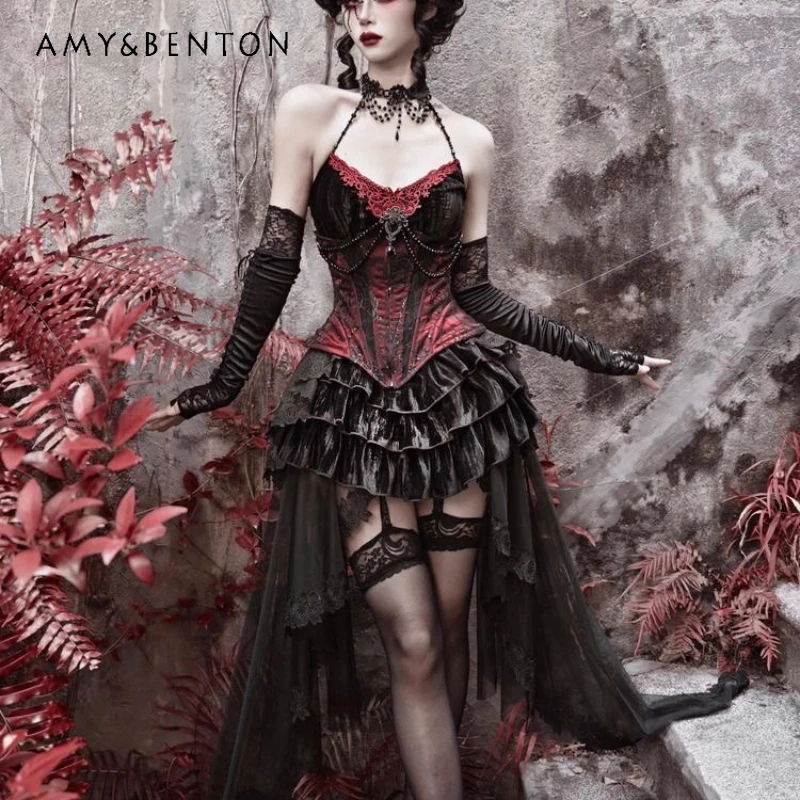 

Punk Dark Halloween Lolita Gothic Women's Top Original New Sweet Cool Sexy Black Velvet Fishbone Waist Cincher Skirt Set Ladies