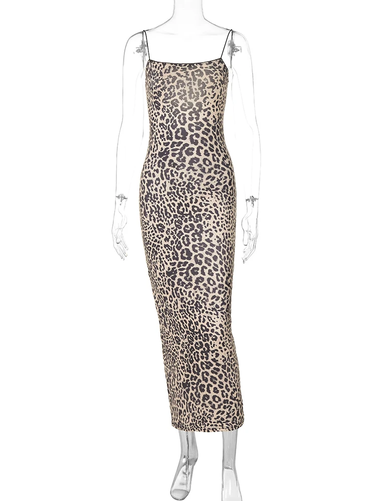 Hugcitar 2024 moda leopardo impressão desliza sem costas sexy bodycon maxi vestido de verão feminino roupas casuais praia festa férias clube