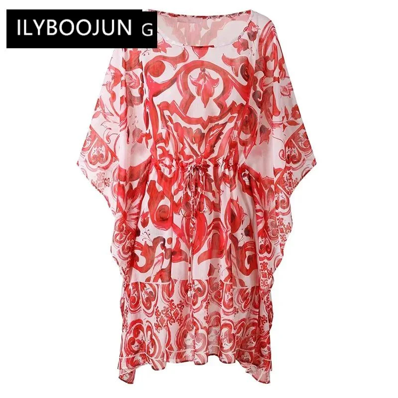 

Summer Loose Chiffon Dress Women O-Neck Batwing Sleeve Red Flowers Print Vacation Dresses For Women 2023 Runway Luxury Brand