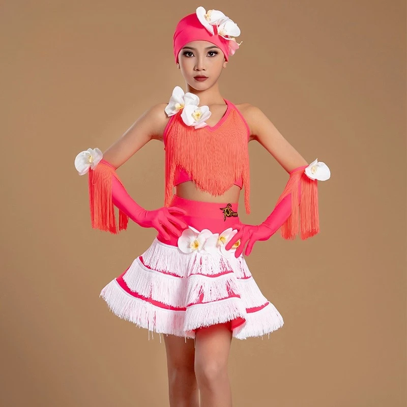 

stage Dreamy cake skirt pleated skirt with bottom pants Latin dance costume training costume tassel flower costume performance