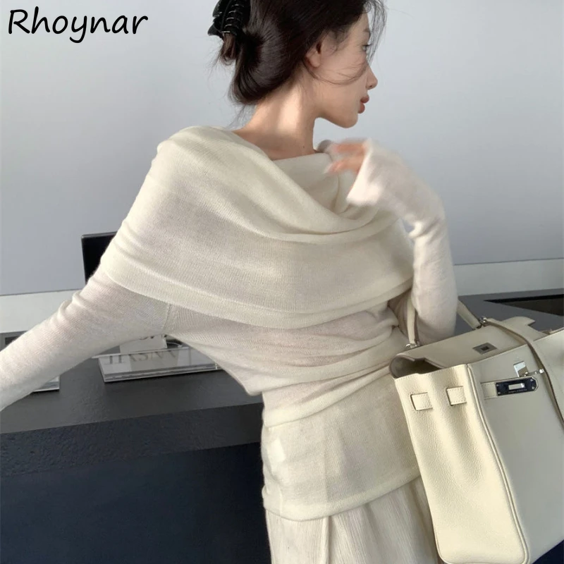 

Off Shoulder Pullovers Women Spring Girls Korean Style Slash Neck Solid Simple Leisure All-match Pleated Elegant Trendy Skinny