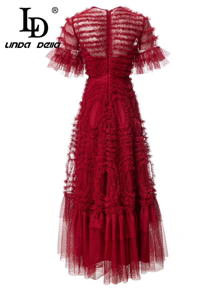 LD LINDA DELLA  New Style Fashion Runway Vintage Dress Women\'s Red High Waist Splice Cascading Ruffle Dot Lace Travel Long Dress