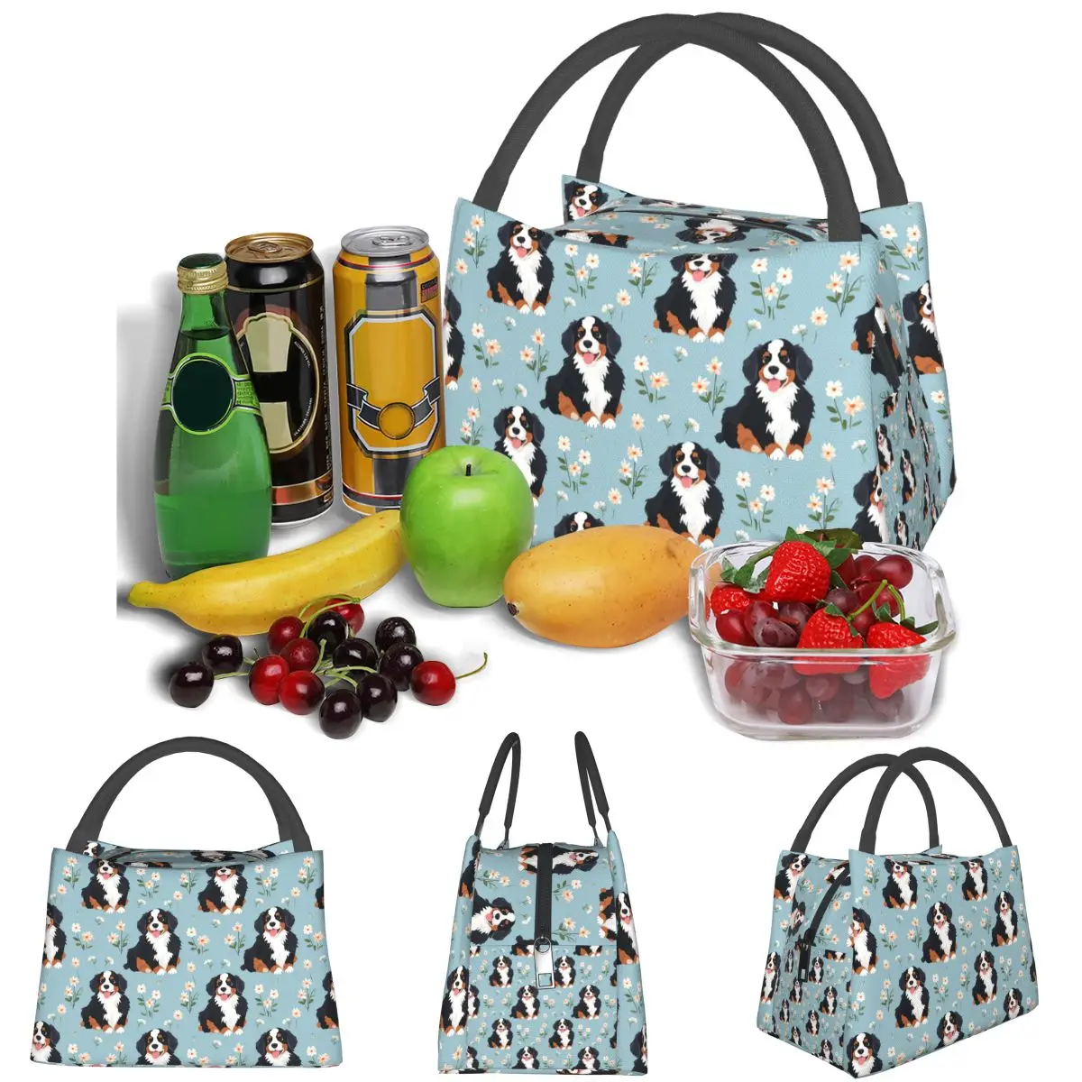 Cute Bernese Mountain Dog Pattern Lightweight Handheld Insulated Lunch Bag Aluminum Foil Liner for Adults Students Travel Picnic