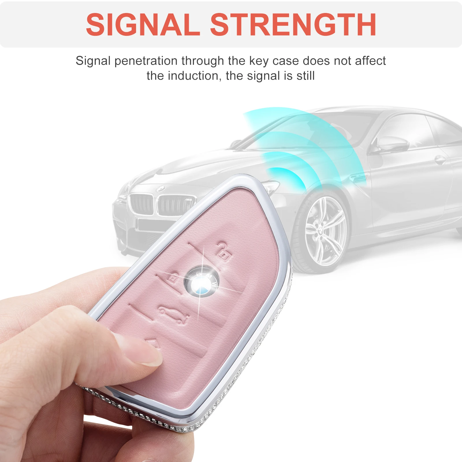 for BMW Key Fob Cover with Keychain, Pink Genuine Leather Crystal Key Case Protection Shell Compatible with BMW 2 5 6 7 X1 X2 X3