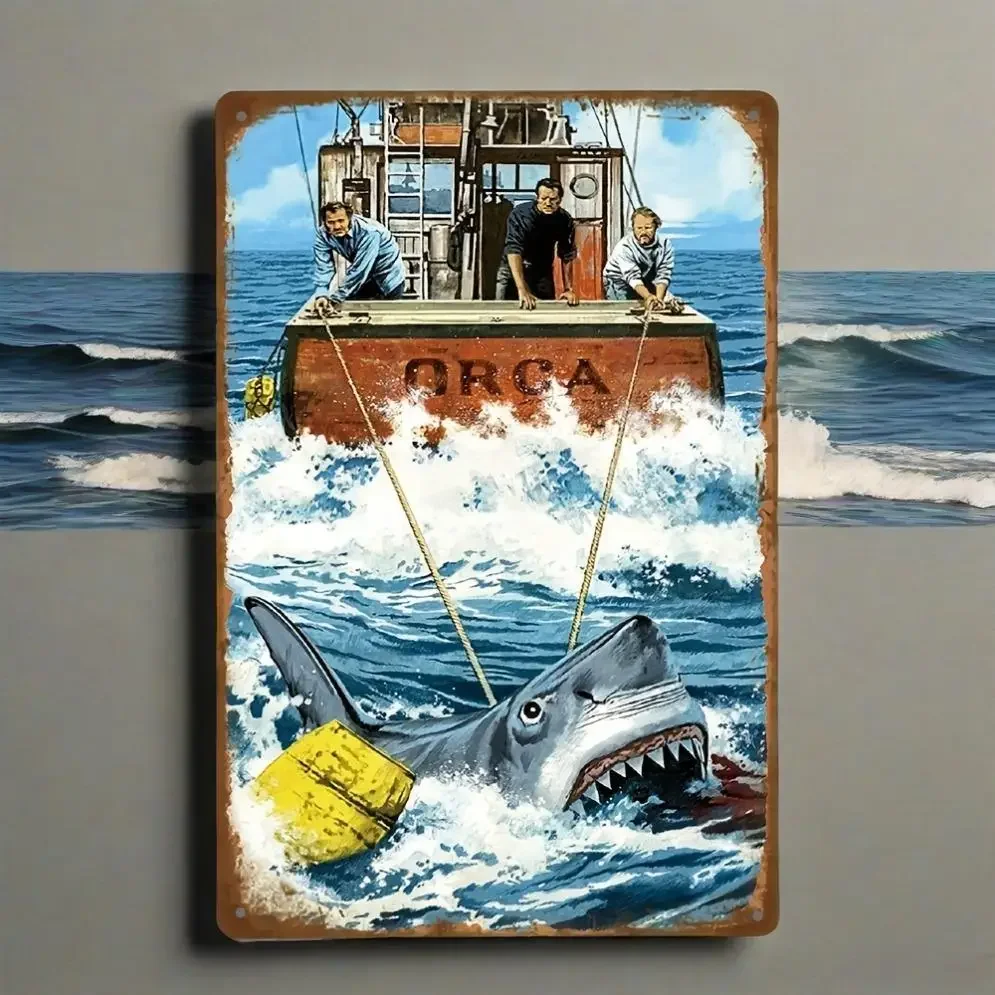 

Vintage Shark Metal Sign - Waterproof & Dust-Proof Aluminum Wall Art , Shark Ocean Scene - Rustic Nautical Decor for Home