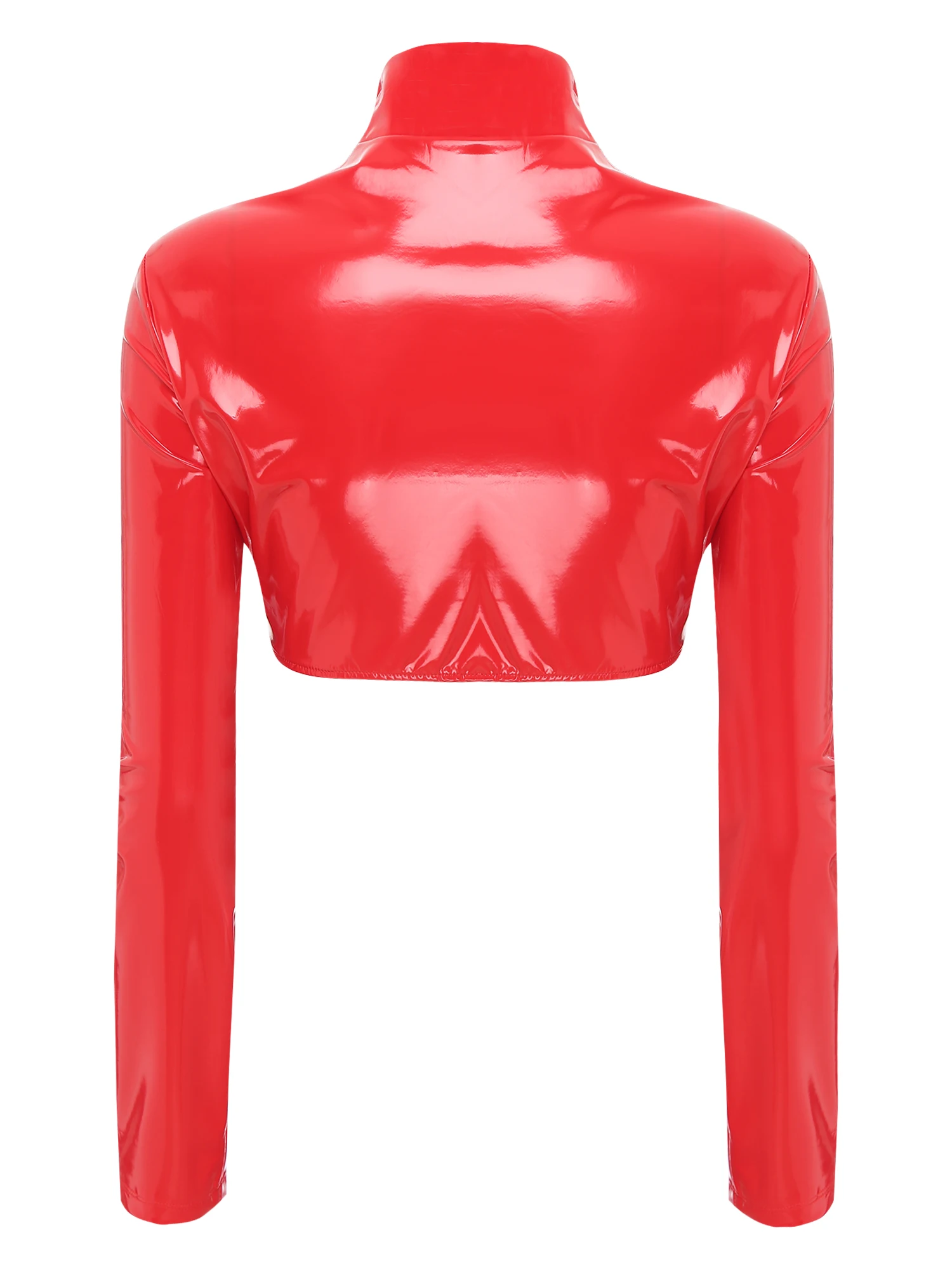 Womens Glossy PVC Leather Crop Top Sexy Mock Neck Long Sleeve Exposed Breast Front Zipper Bodycon Erotic Tops Party Clubwear