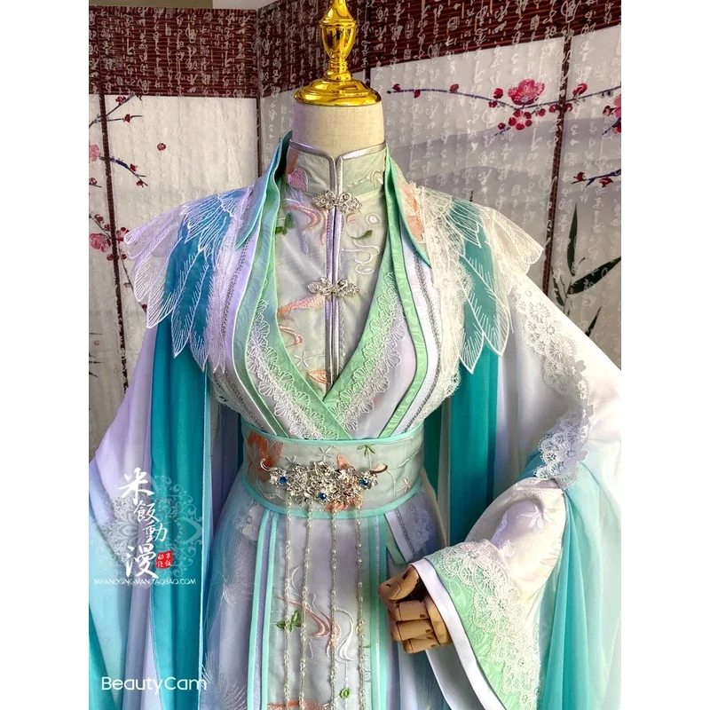 السماء الرسمية نعمة الرياح ماستر شي تشينغ شوان تأثيري القديمة زي الرجال النساء هان الملابس الصينية شعر مستعار تاج مروحة الأحذية