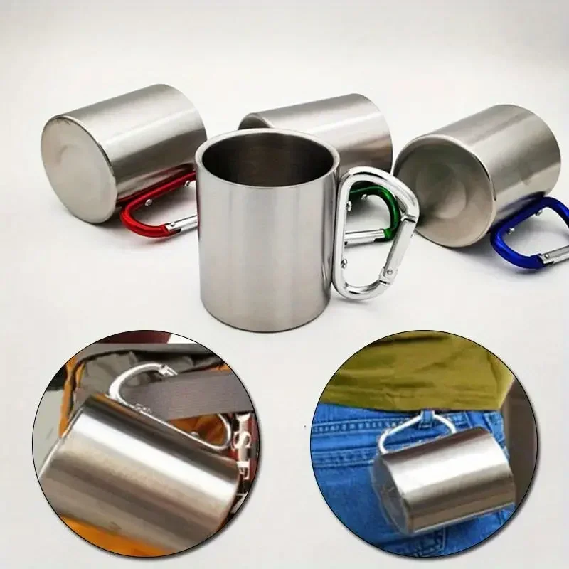 

220/300ml stainless steel mug camping travel outdoor coffee beer cup with handle carabiner travel hiking portable water cup