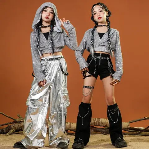 소녀 k-pop 실버 블랙 스팽글 후드 스트리트 댄스 반바지 루즈 팬츠 키즈 힙합 재즈 반짝 이는 옷 세트 어린이 streetwear