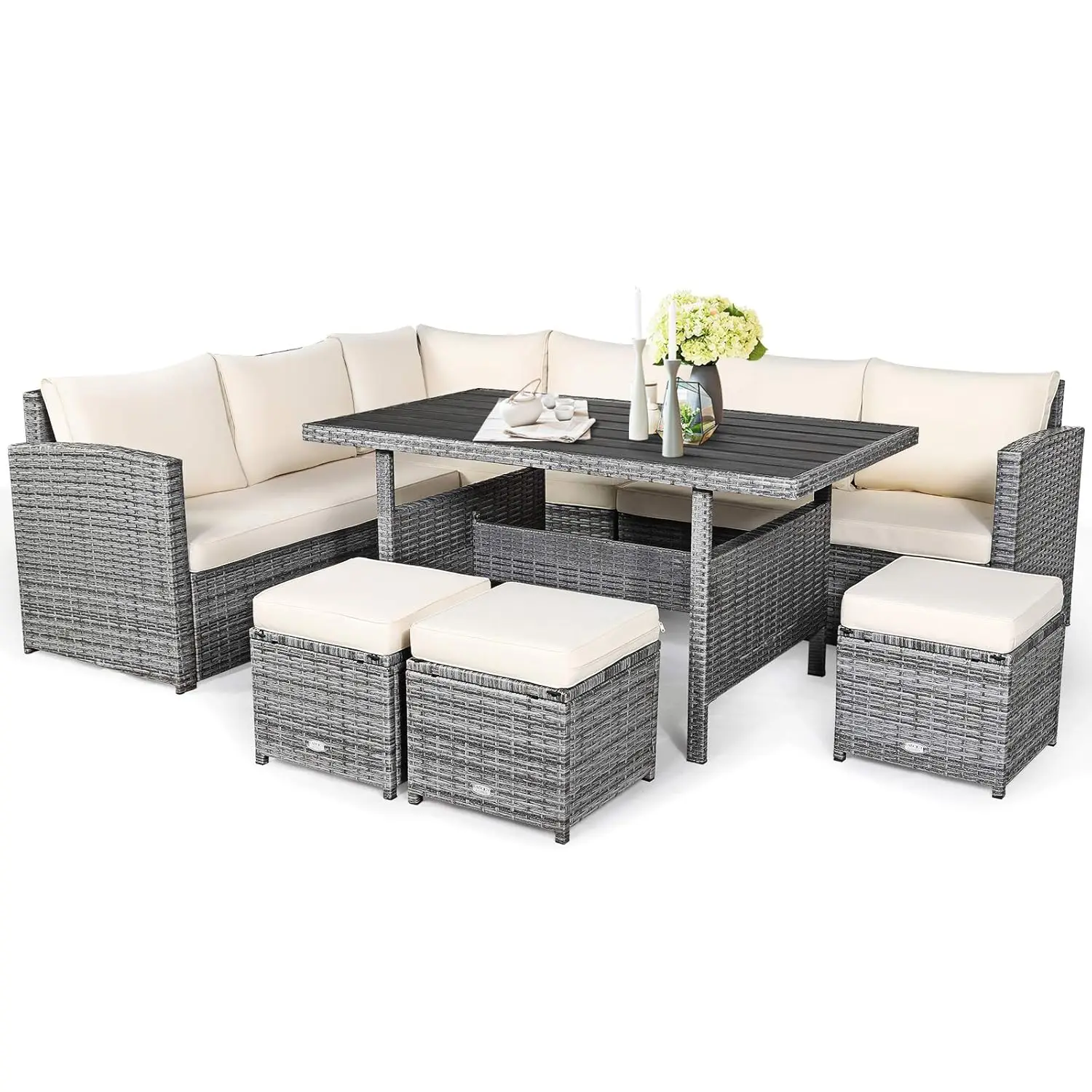 

7 PCS Wicker Outdoor Conversation Set, Patio Sectional Furniture Sofa Set with Table & Seat Cushions, Rattan, Customized