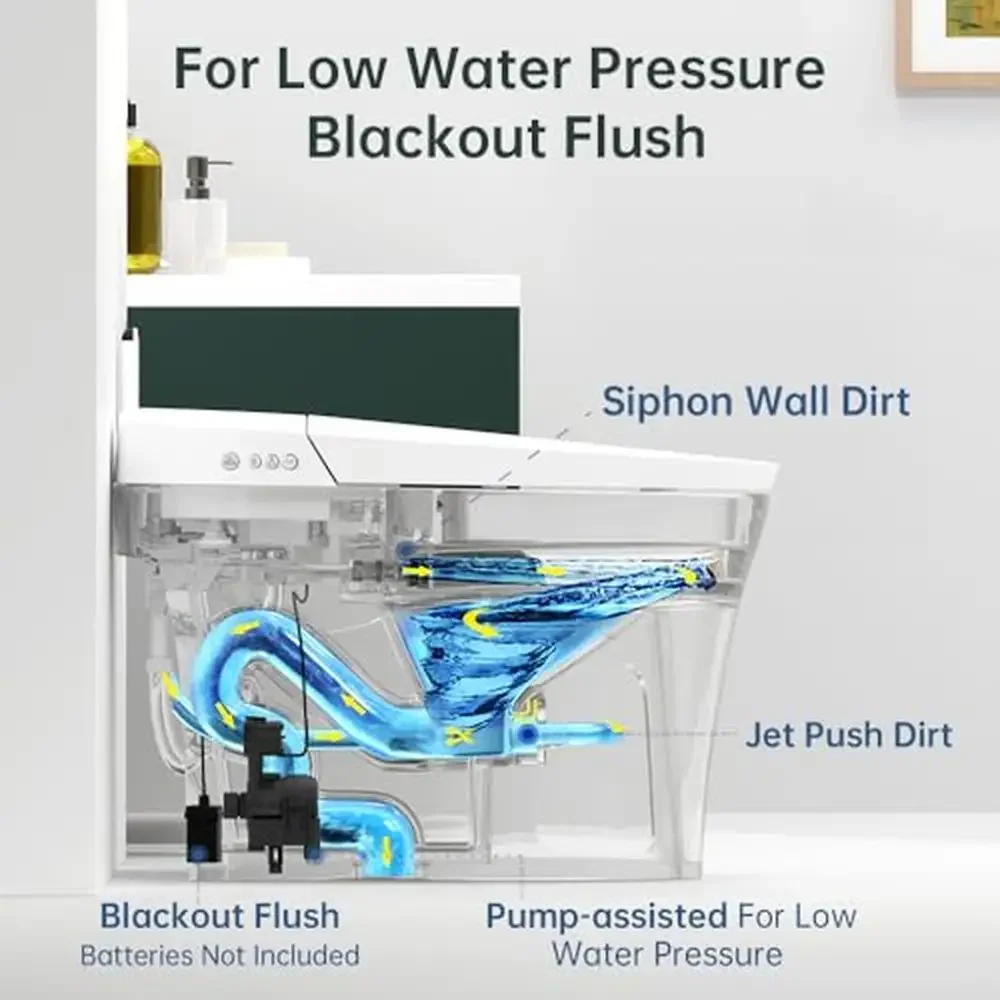 Intelligente Bidet-Toilette mit Pumpenunterstützung und Verdunkelungsspülung, beheizter Sitz, Dual-Auto-Spülung, Warmwasser-Fußsensor, Betrieb, modernes Design