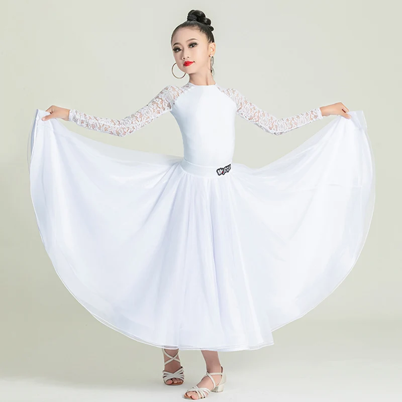 

Adult Modern Dancewear Girls Kids Performance Competition Lace Zipper Bodysuit Large Skirt National Standard Waltz Dance Costume