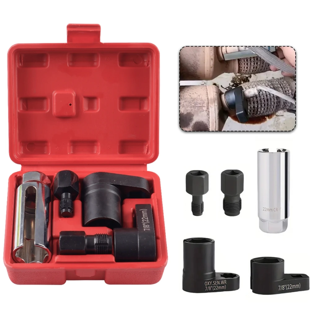 Conjunto de chave de soquete para sensor de oxigênio automotivo de 5 peças, 7/8 "(22mm), unidade de 1/2" e 3/8", ferramenta de acabamento de rosca de sensor de oxigênio