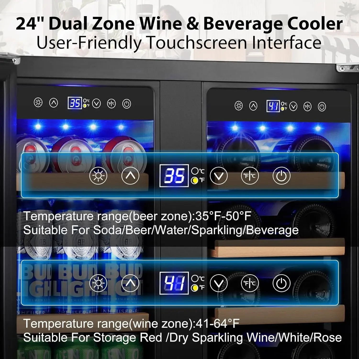 Refrigerator 24'' - Dual Zone Beverage Fridge with Upgraded Cooling, Built-in or Freestanding, 20 Bottles & 88 C