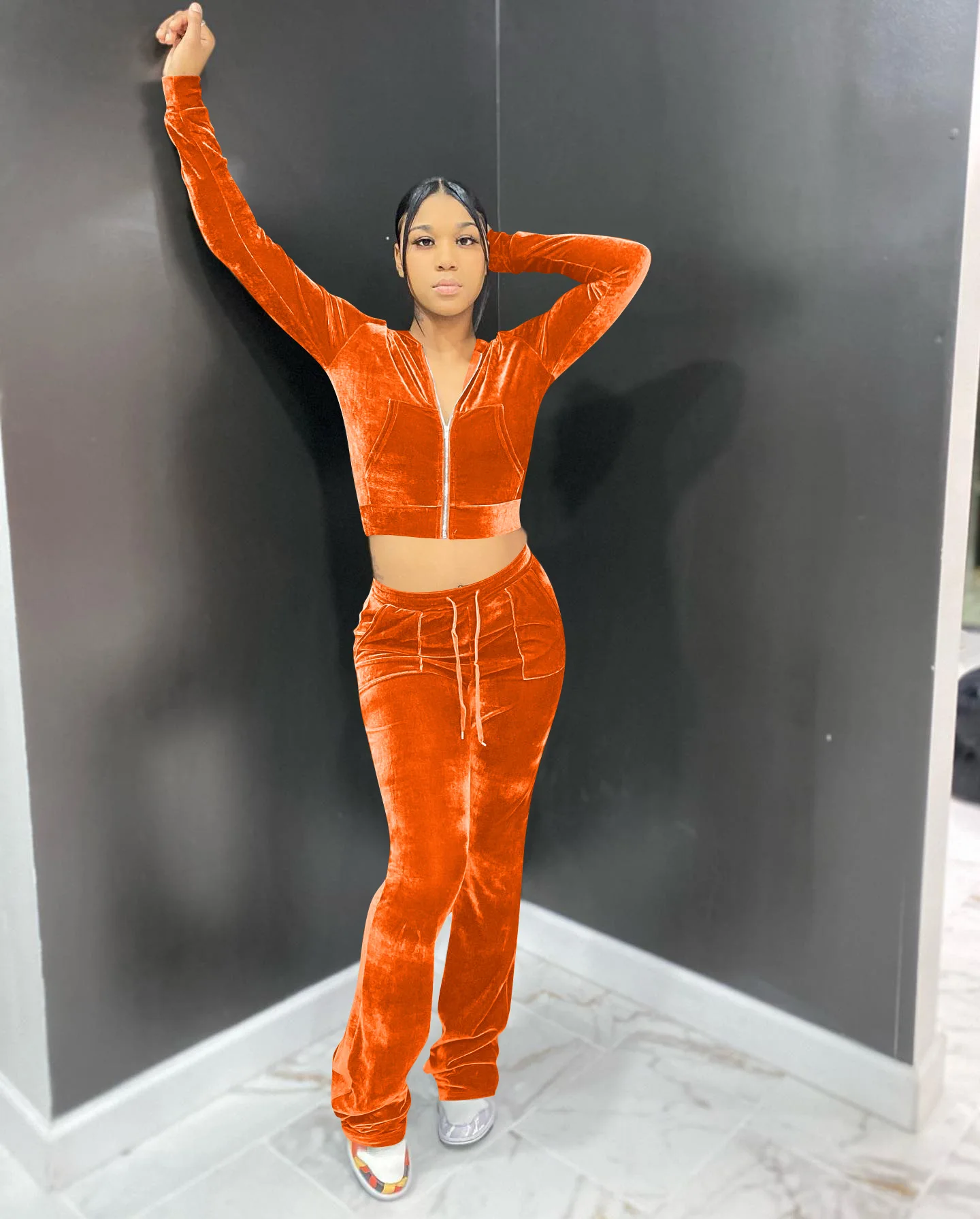 

New Women's Outfit - Autumn Hooded Long-Sleeved Coat And Wide-Leg Pants Suit - Solid Color Ladies Two-Piece Set