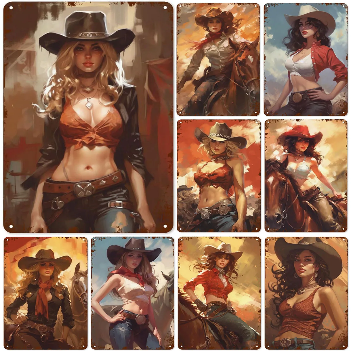 Cowgirl Pinup Girls Metal Tin Sign Vintage Home Kitchen Wall Decor Retro Coffee Art Wall Decoratio Retro Poster Cafe Bar Gy sign