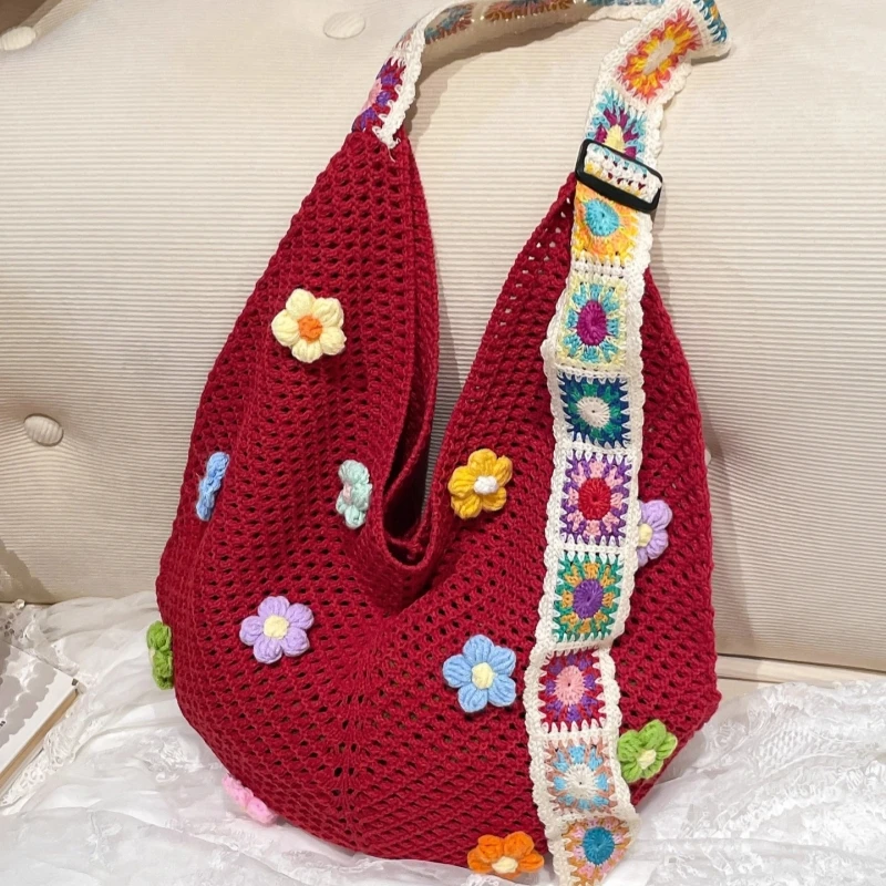

Bohemian Style Large Capacity Hollow Out Flower Knitted Single-shoulder Bag 2025 New Fashion Beach Tote Bag Daily Use Female