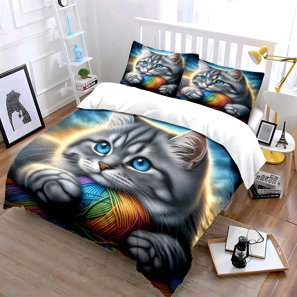 Gray cat hugging colorful yarn Print Soft Comfortable Duvet Cover Bedding Set Included 1*Duvet Cover 2*Pillowcases Luxury gifts