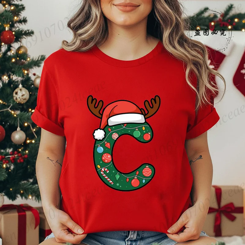 Festive Christmas Alphabet Letter with Santa Hat Print T-shirt for Women Fashion T Shirt Streetwear Female Clothes Unisex Tshirt