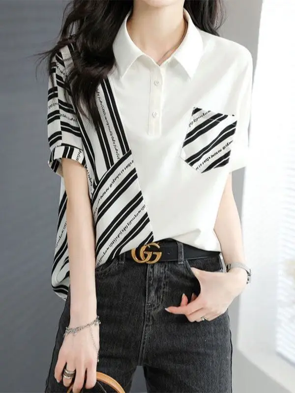 Casual Striped Patchwork Shirt Tops Summer New Polo Neck Pocket Loose Contrast Fashion Blouse Vintage Trend Women Clothing