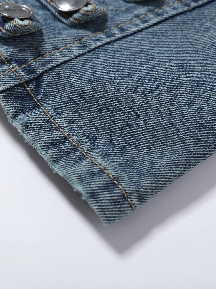 Denim Napoleon Jacke Shorts Anzüge Damen Vintage Stehkragen Langarm Mäntel Tiefsitzende Shorts Sexy Damen Neue Partykleidung Outfits – Detail 10