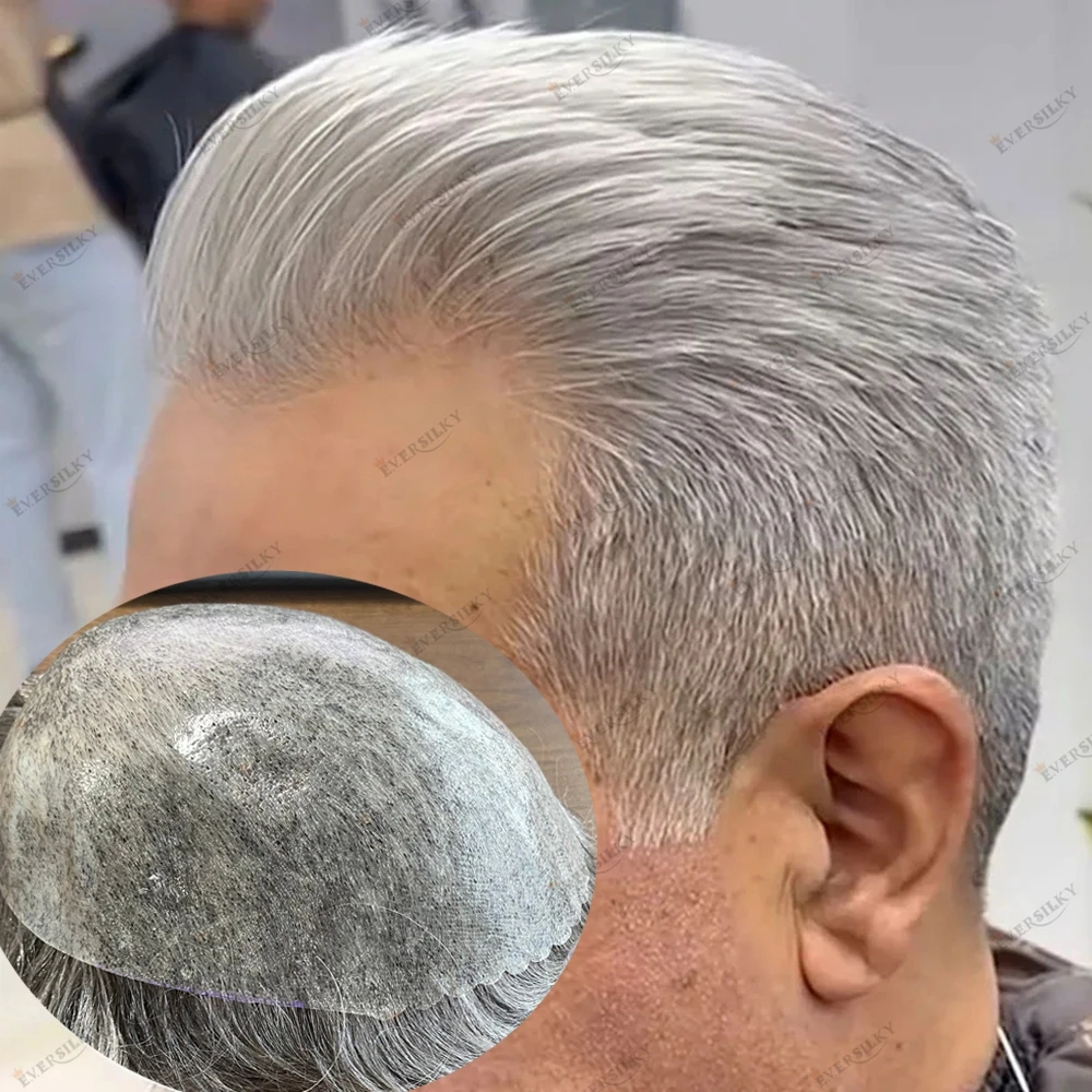 1B80 Men's Silver Grey Human Hair Cheapest Skin Toupee Natural Hairline Full Injection Poly Hair Replacement Prosthesis System