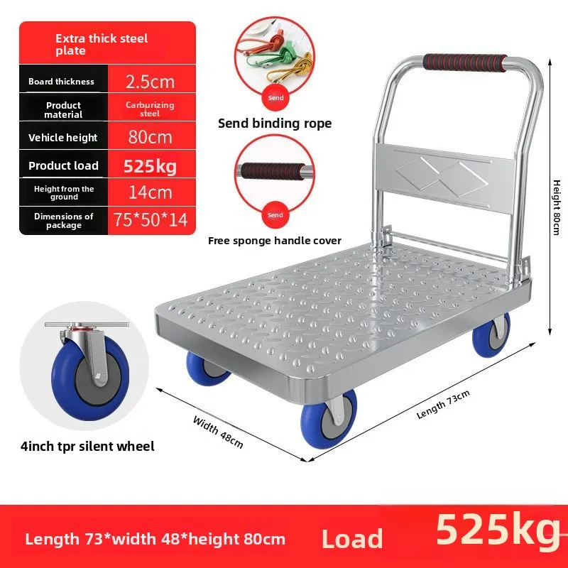 Foldable Hand Truck Cargo Cart Portable Four-Wheel Steel Plate Flatbed for Delivery Warehouse Home Commercial Utility