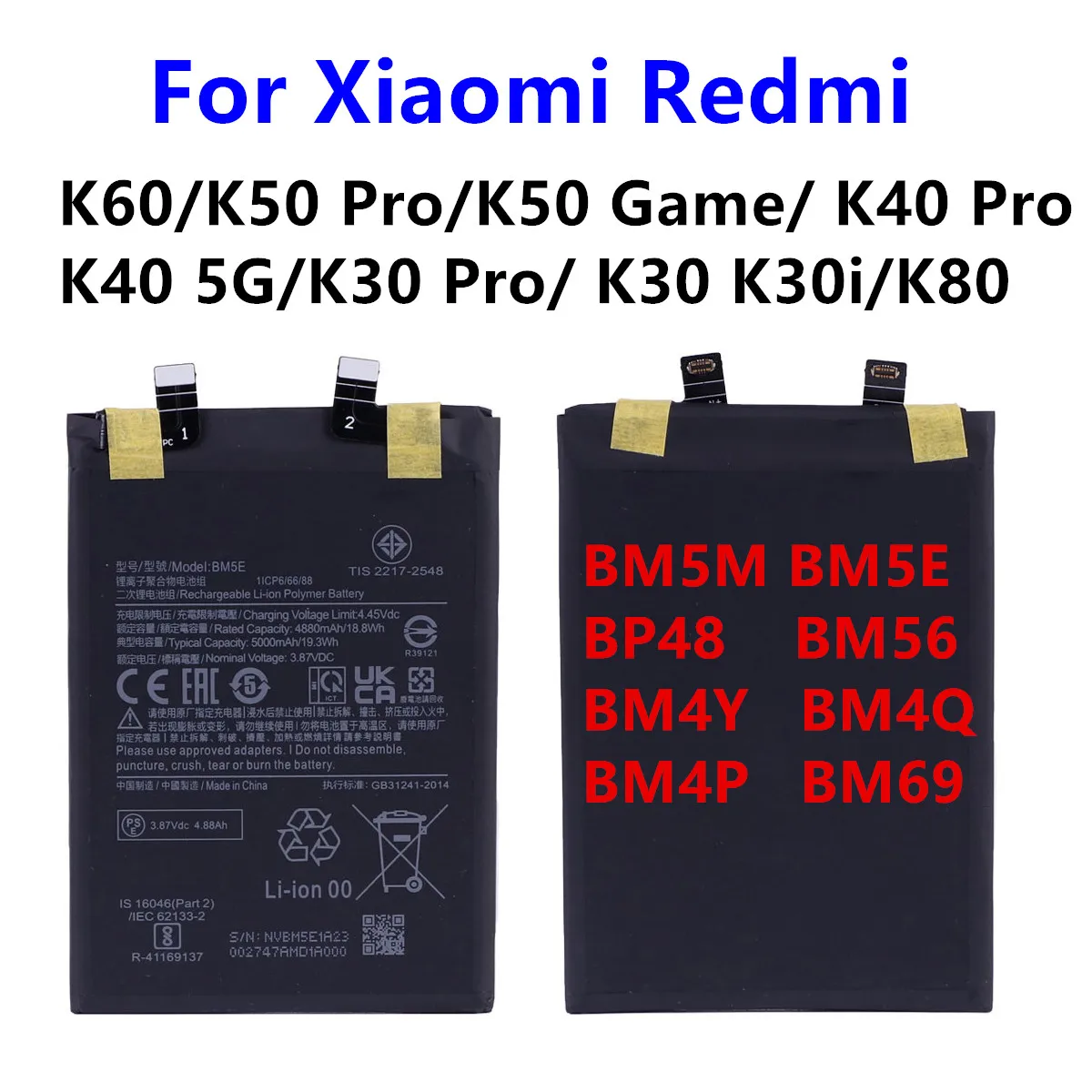 

BM69 BM4P BP48 BM4Y BM5E BM5M BM56 BM4Q Battery For Xiaomi Redmi K30 K30i K40 K50 Pro K60 K80 Poco F2 Phone Batteries
