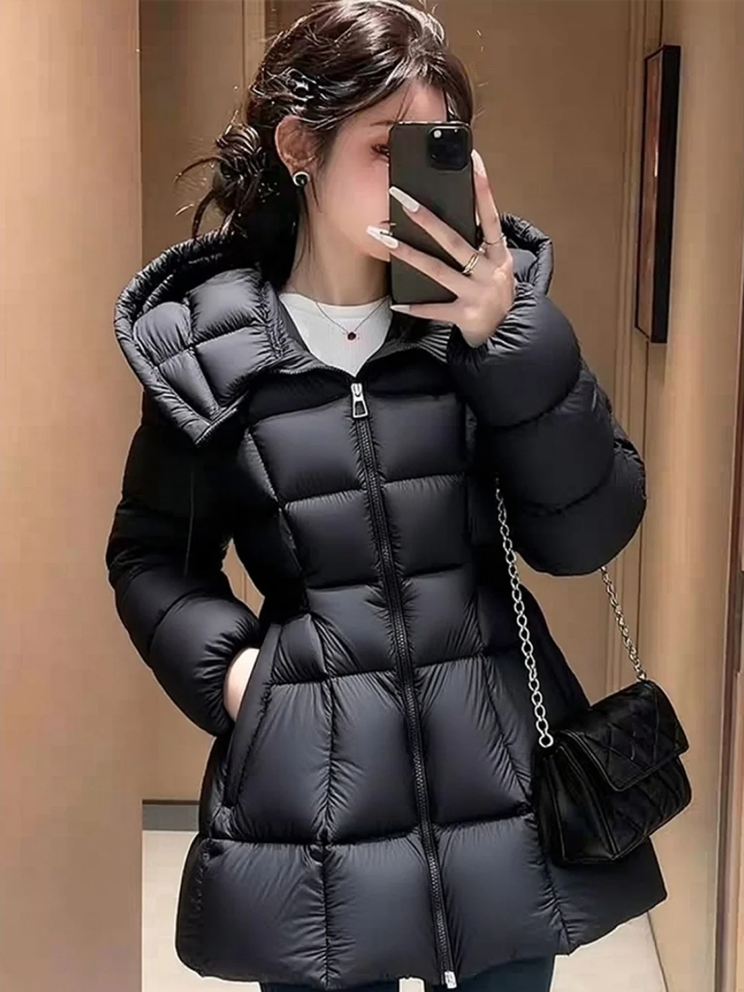 중간 길이 벨트가 있는 여성용 면 재킷 스퀘어 디자인 패셔너블 다용도 겨울 외투