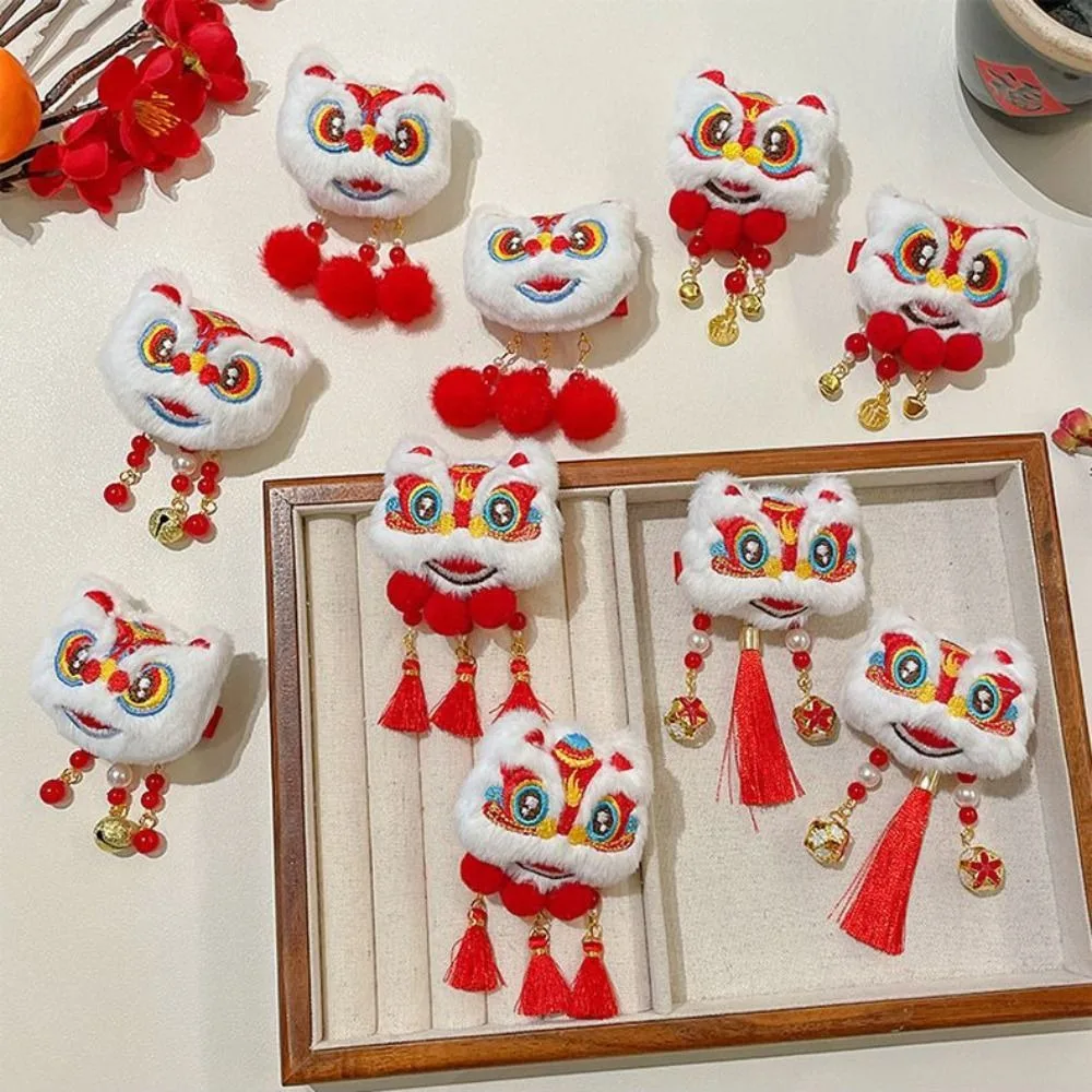 

Sweet Tassel Children Red Bow Hairpin Lion Dance Plush Hanfu Hair Sticks Tang Suit Hair Clip Fan Chinese New Year Headwear Girls