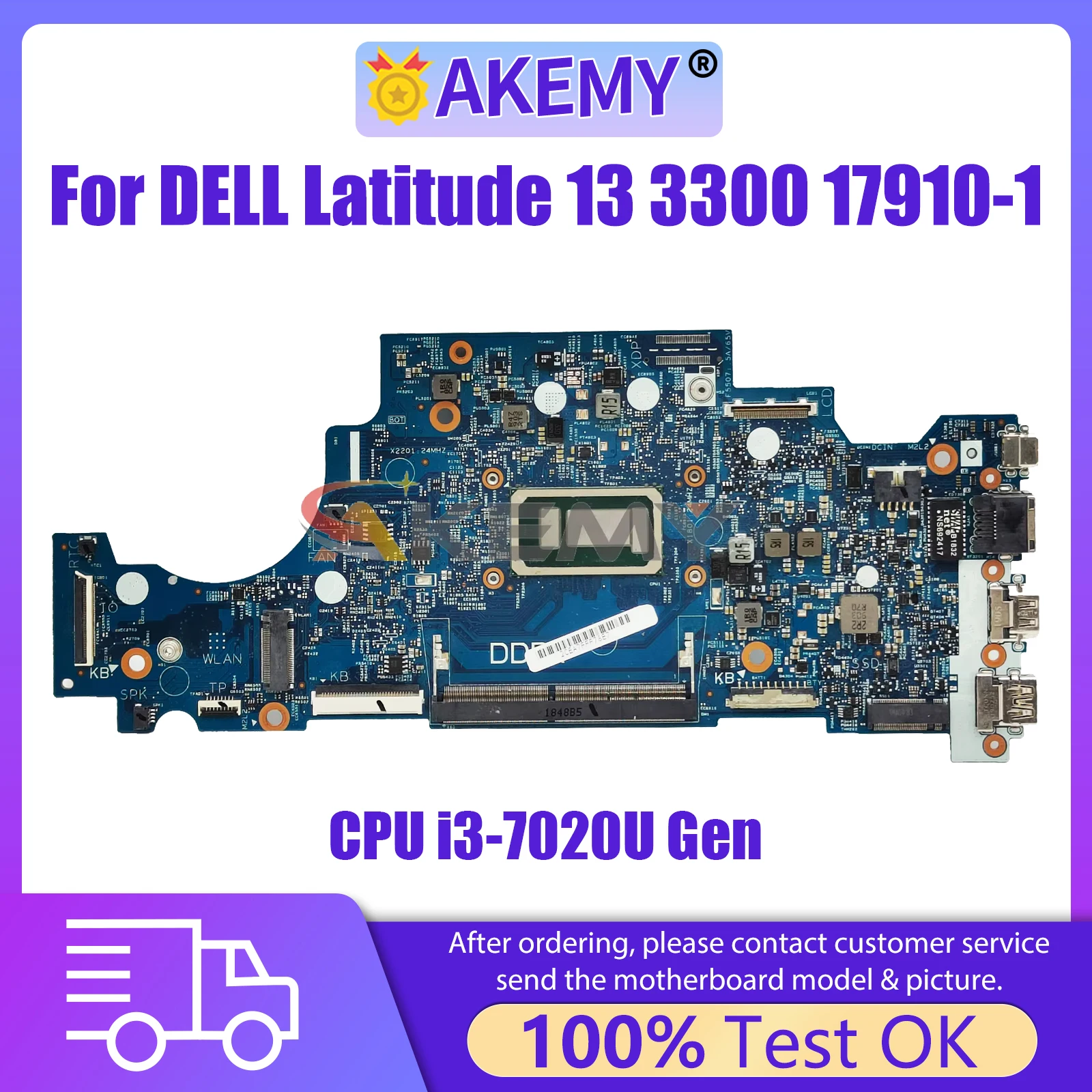 AKEMY 17910-1 Mainboard For DEL Latitude 13 3300 CN 0RV5W4 Laptop Motherboard With CPU i3-7020U Gen 100% Tested OK