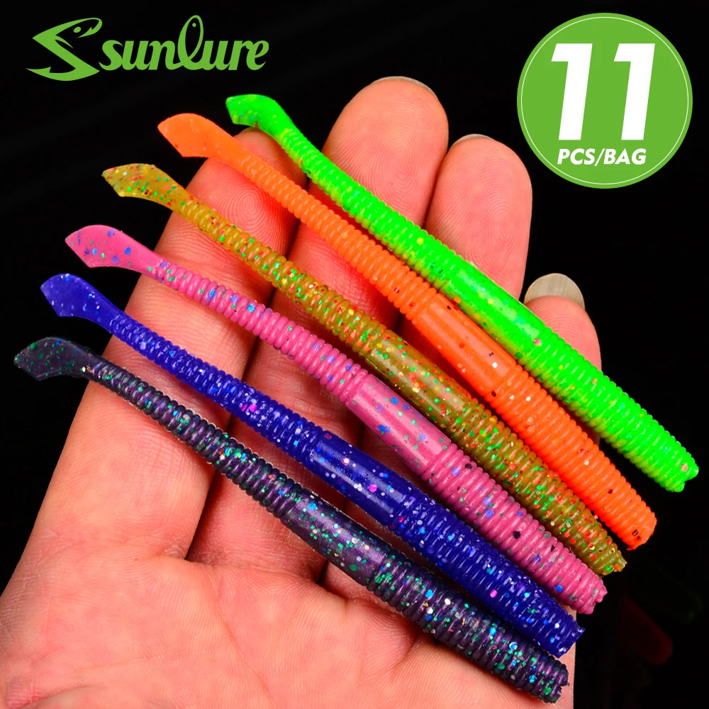 Señuelo de Pesca de Silicona con Cola en Forma de Ola Sunlure, 11 Unidades por Bolsa, Señuelo Artificial Realista con Movimiento de Nado, 6 Colores, para Pescar Lubina, Barracuda y Otros Peces de Agua Salada